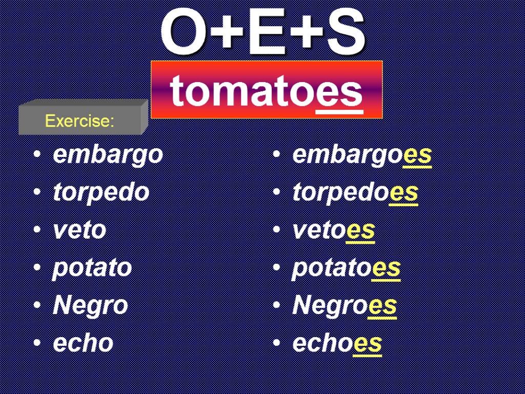 O+E+S embargo torpedo veto potato Negro echo embargoes torpedoes vetoes potatoes Negroes echoes tomatoes